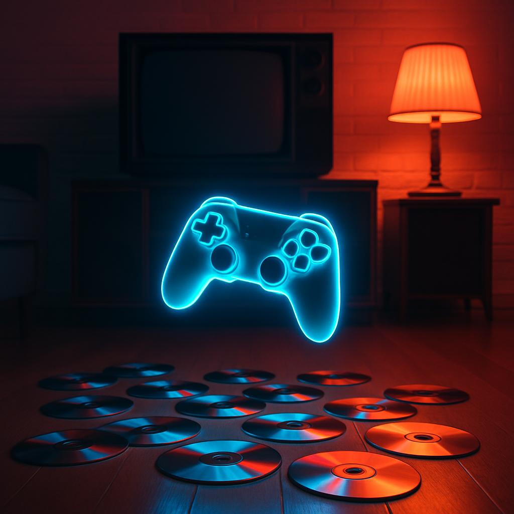 A neon blue illustration of a video game controller is displayed above several CDs on a living room floor with other furni...