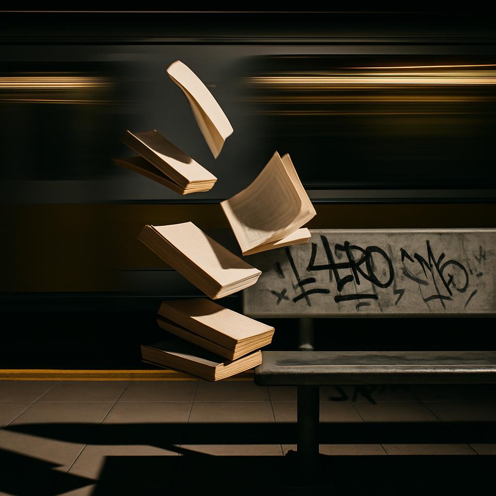 Five books falling in the air over a bench with graffiti.