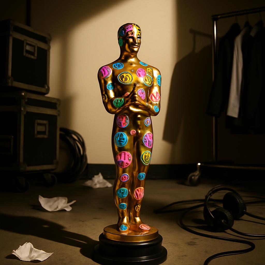 A gold Oscar statue with colorful smiley faces is standing on the floor. The background is a dimly lit room with various o...