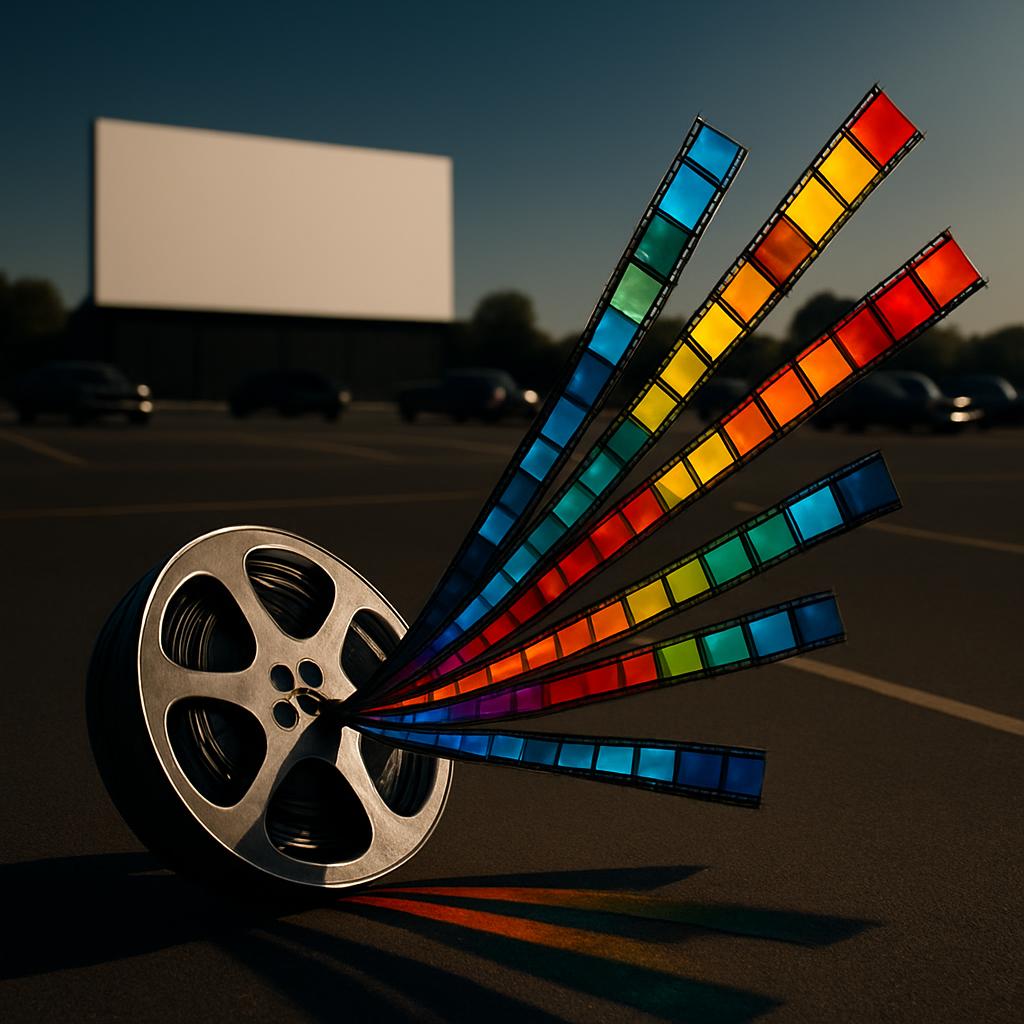 Close up of film slices and reel at a drive-in movie theater. The image shows a tinted film slice reel bisected by a porti...
